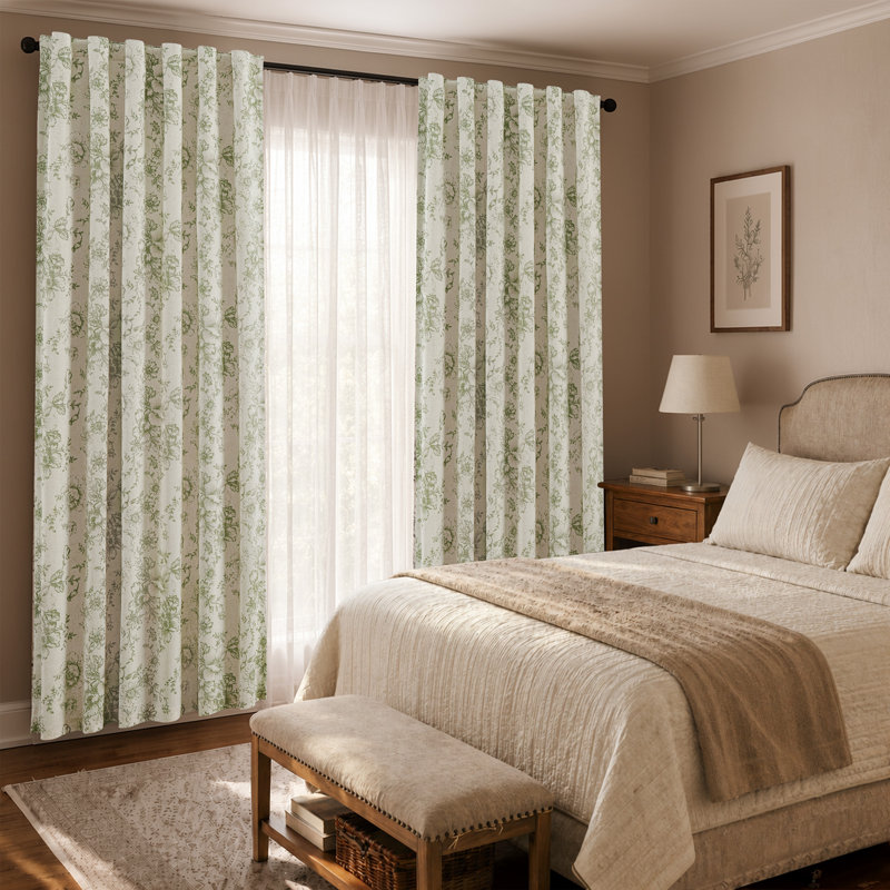 Linen Blackout Peony Flower Printed Rod Pocket Curtain Pair, Green, 50" W x 84" L