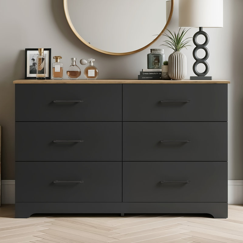 Arkia 6 Drawer 47'' W Dresser, Black/Knotty Oak