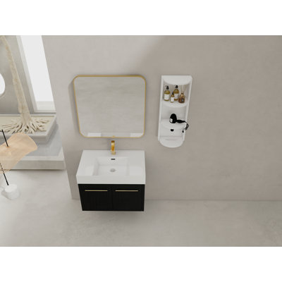 Meuble-lavabo mural 30 po avec lavabo et support de rangement, lavabo en résine à rebords épais, ensemble KD
