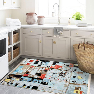 Barcelona Collection Blue-Toned Abstract Square Geometric Patterned Modern Decorative Rug
