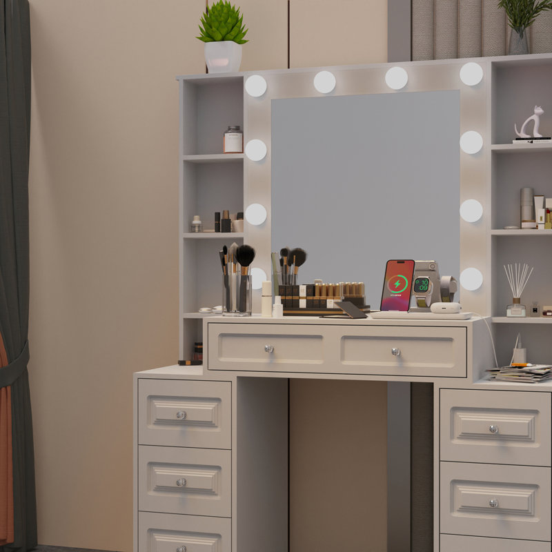 Bureau de coiffeuse avec miroir et lumières, coiffeuse avec miroir éclairé et station de charge, commode de coiffeuse