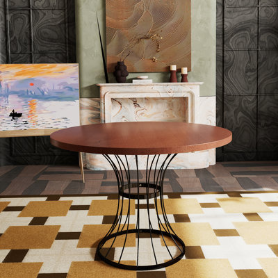 Table de salle à manger ronde en placage de chêne de 42 po - Plateau d'apparence en bois massif, piédestal robuste en fer forgé, meubles de cuisine et de coin-repas compacts, style rustique-moderne