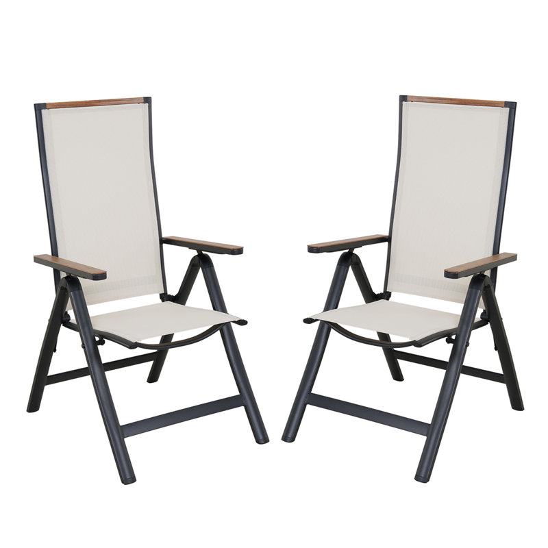 Set of 2 Folding Aluminium Garden Chairs with Armrests, 6-Position Adjustable High Back, Breathable Mesh Seat, Beige