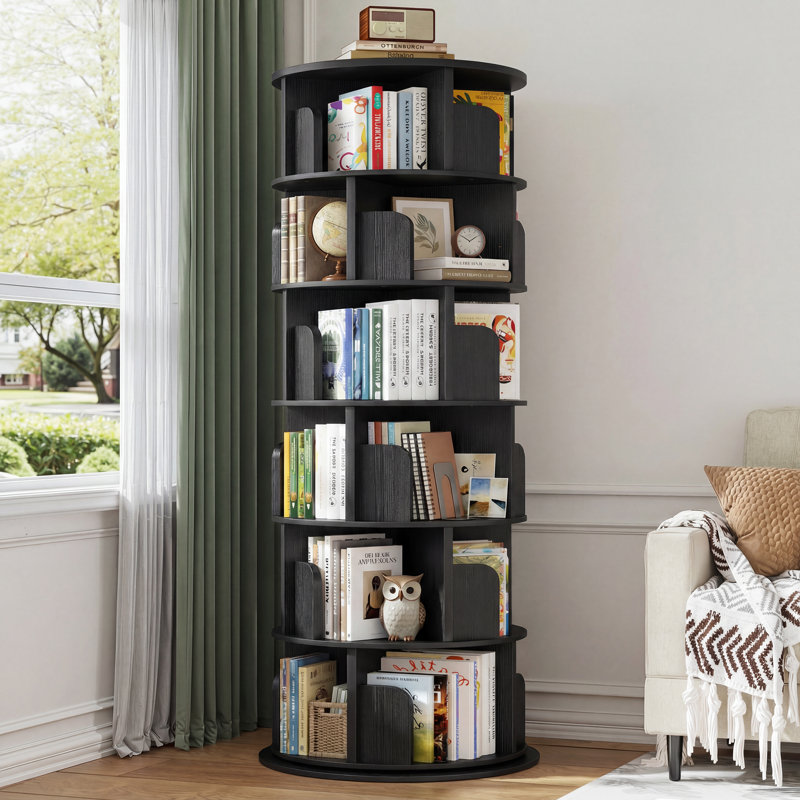 6Tier Rotating Bookshelf, 360° Rotating Bookcase For Small Space, Corner Bookcase For Bedroom, Living Room, Study Room, Black