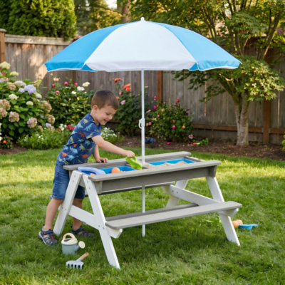 3-in-1 Kids Outdoor Cedar Picnic Table with Umbrella - Convertible Sand & Water Activity Center, Gray - ASTM & CPSIA Certified