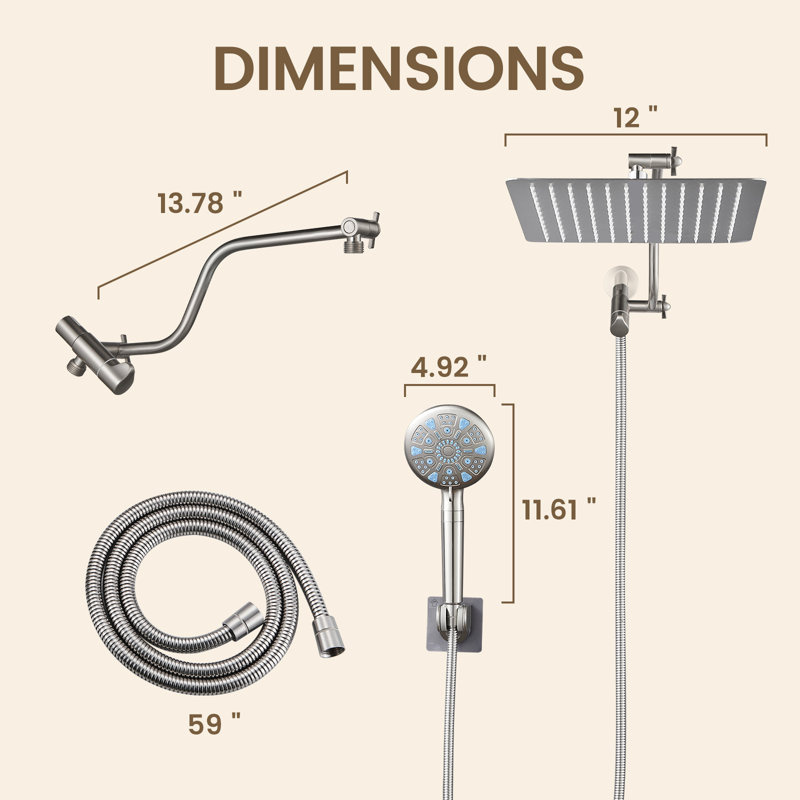 12-Inch Raincan Shower Heads with 9-Setting Handheld Spray and Adjustable Curved Extension Arm Combo Brushed Nickel