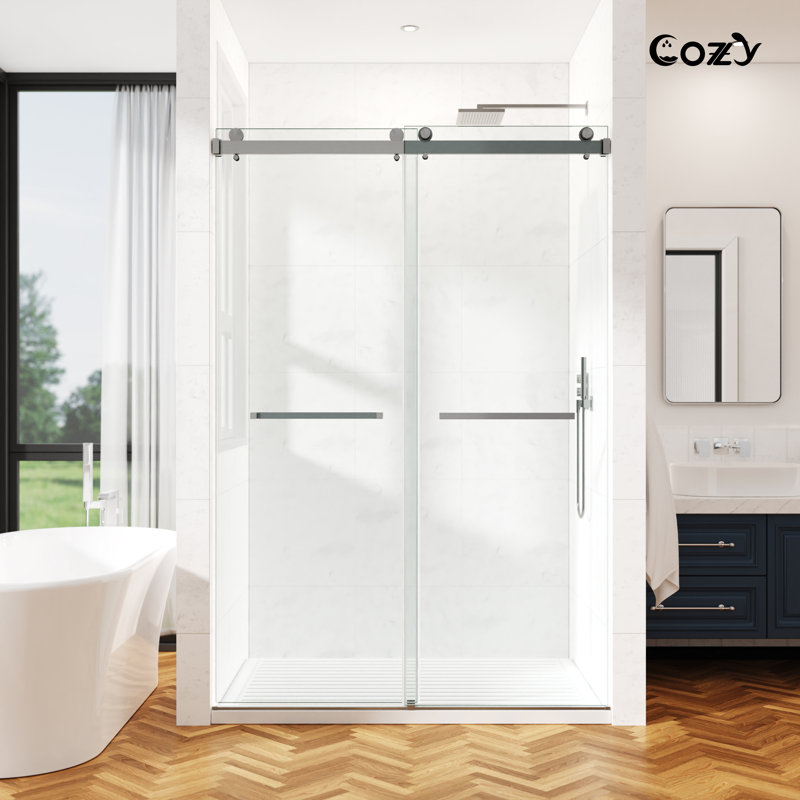 44-49" W X 76" H Frameless Double Sliding Shower Door with 3/8" (10mm) Clear Tempered Glass, Shatter-Resistant Film & Installation Hole Locator
