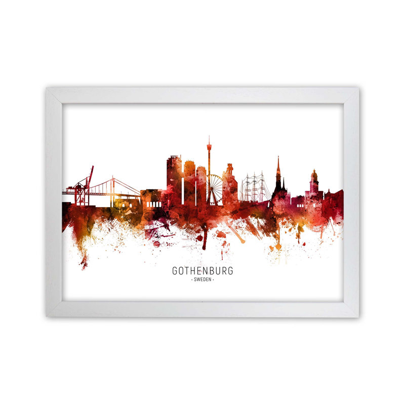 Gothenburg Sweden Skyline Red City Name by Michael Tompsett - Print, 59.4cm H x 84.1cm W x 3cm D, White Framed