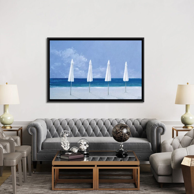 «Beach Umbrellas» par Lincoln Seligman, impression sur toile tendue, Toile encadrée noire, Pas de tapis