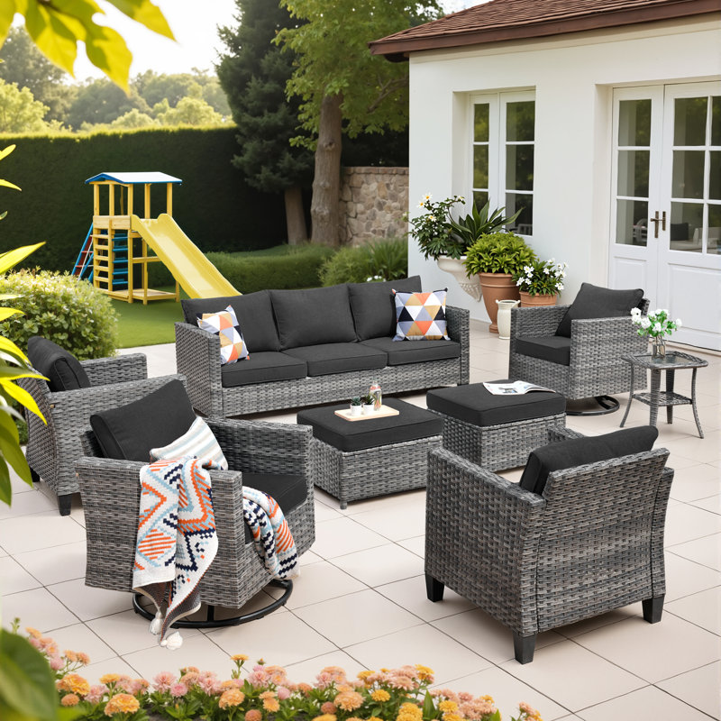 Premium All-Weather Wicker 9 - Person Patio Conversation Set with Cushions, Black