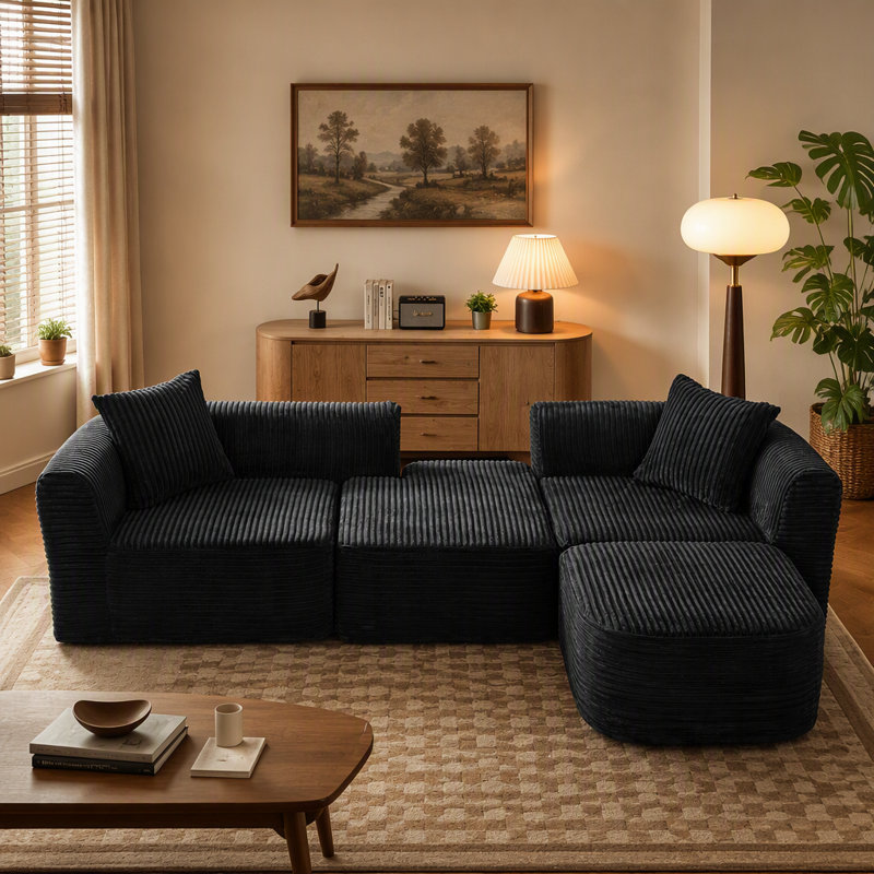 Canapé modulaire en L 114 po avec méridienne et canapé rembourré sans assemblage 114 po, Noir