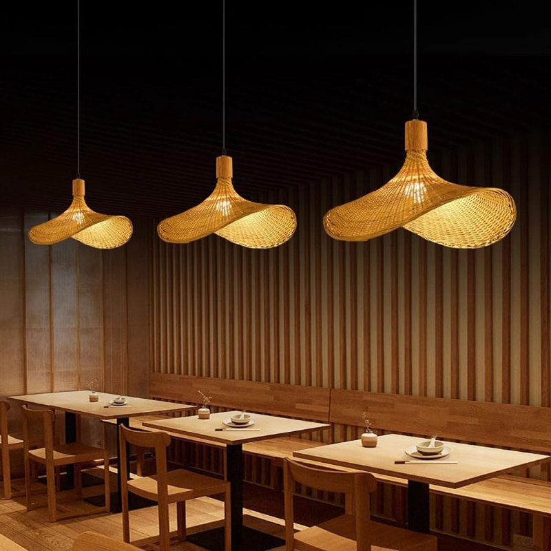 Bamboo Chandeliers Rustic Large Rattan Pendant Light For Kitchen Island, Boho Natural Wicker Chandelier Lighting, Flush Mount Handmade Woven Hanging Ceiling Lamp For Restaurant