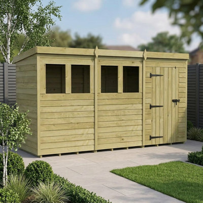 Total Sheds 12ft x 4ft Pent Garden Shed - Single Door - With Windows - Pressure Treated Timber - UK Manufactured