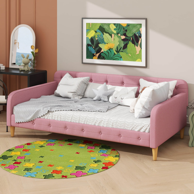 Lit de jour sur pieds avec revêtement en tissu, Rose