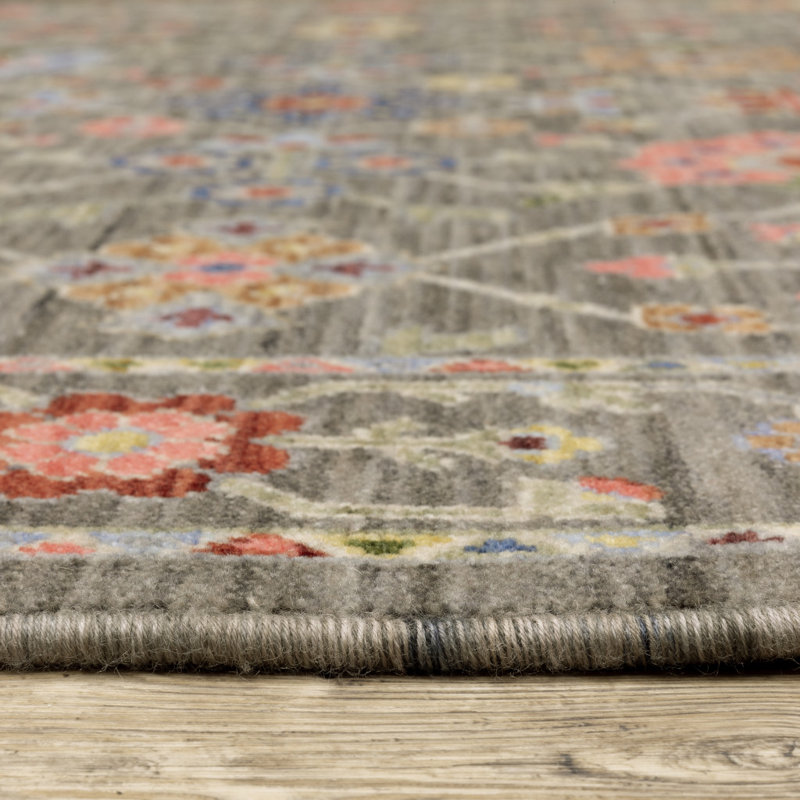Oriental Machine Woven Gray/Pink Wool and Nylon Blend Area Rug, Runner 2' x 6'