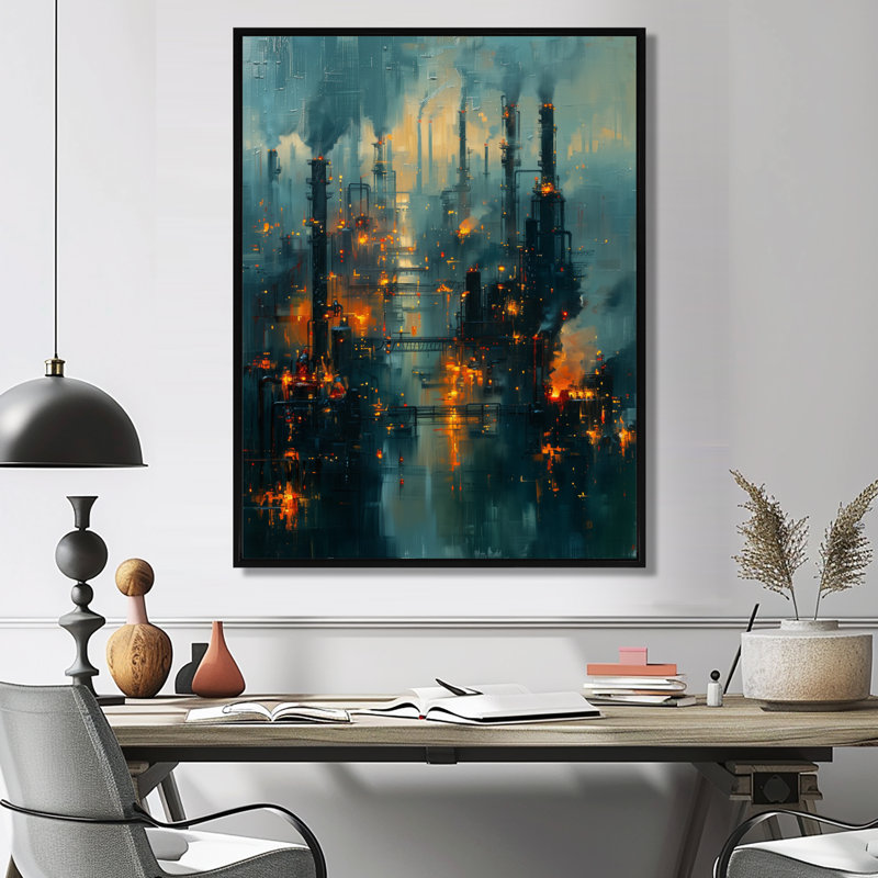 Bleu, bleu, usines, paysage industriel II, usines, art mural, salon, Toile avec cadre flottant noir