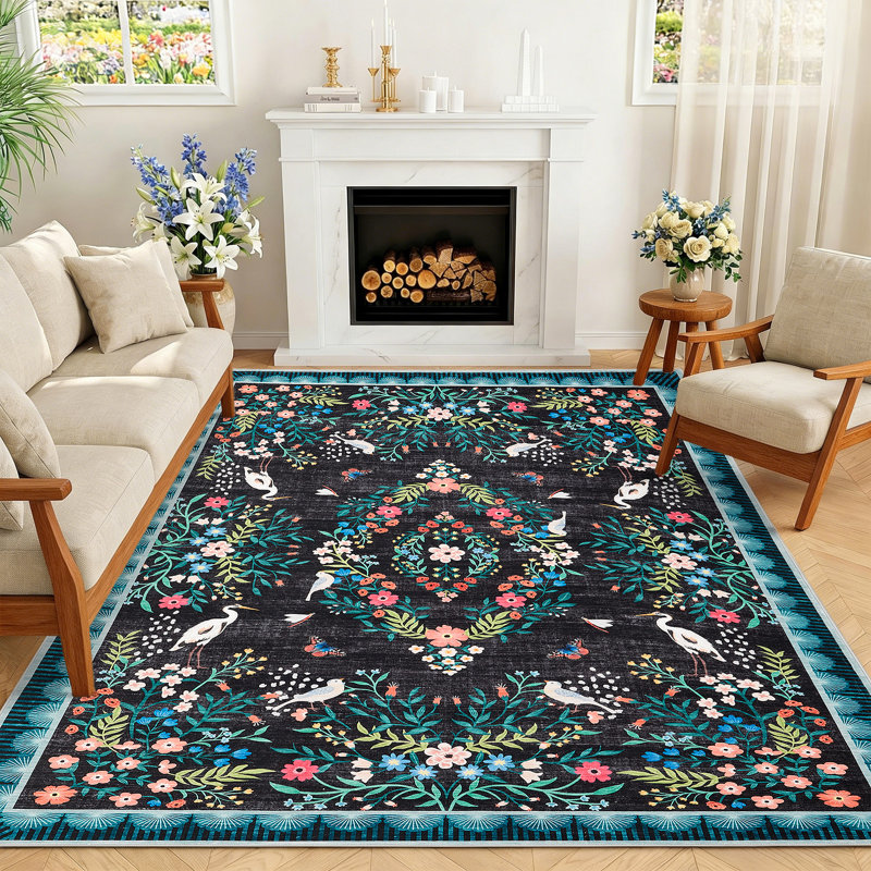 Floral Area Rugs for Living Room Bedroom, Washable Non Slip Vintage Floor Rugs Large Low Pile Oriental Distressed Carpet