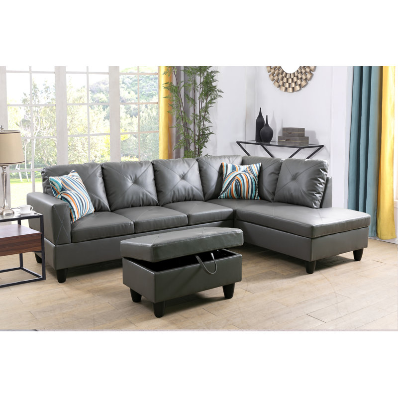 Dark Grey Faux Leather 3-Piece Sectional Sofa Set with Storage Ottoman, Right Hand Facing, Elephant Gray Faux Leather