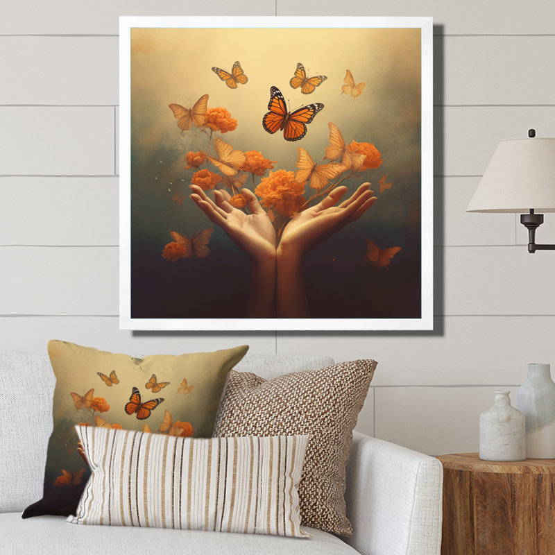 «Blossoming Butterfly Blessing Mudra» sur impression sur toile, H 16 po x l 16 po x P 1 po, Cadre simple blanc