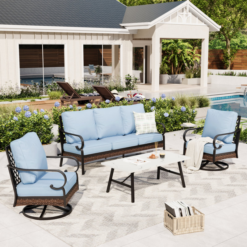 5 Person Outdoor Conversation Set With Swivel Lounge Chairs, Blue