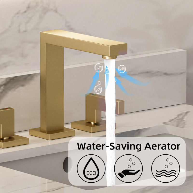 8" Widespread 3-Hole Bathroom Faucet In Brushed Gold, Square Dual Handles & Removable Aerator