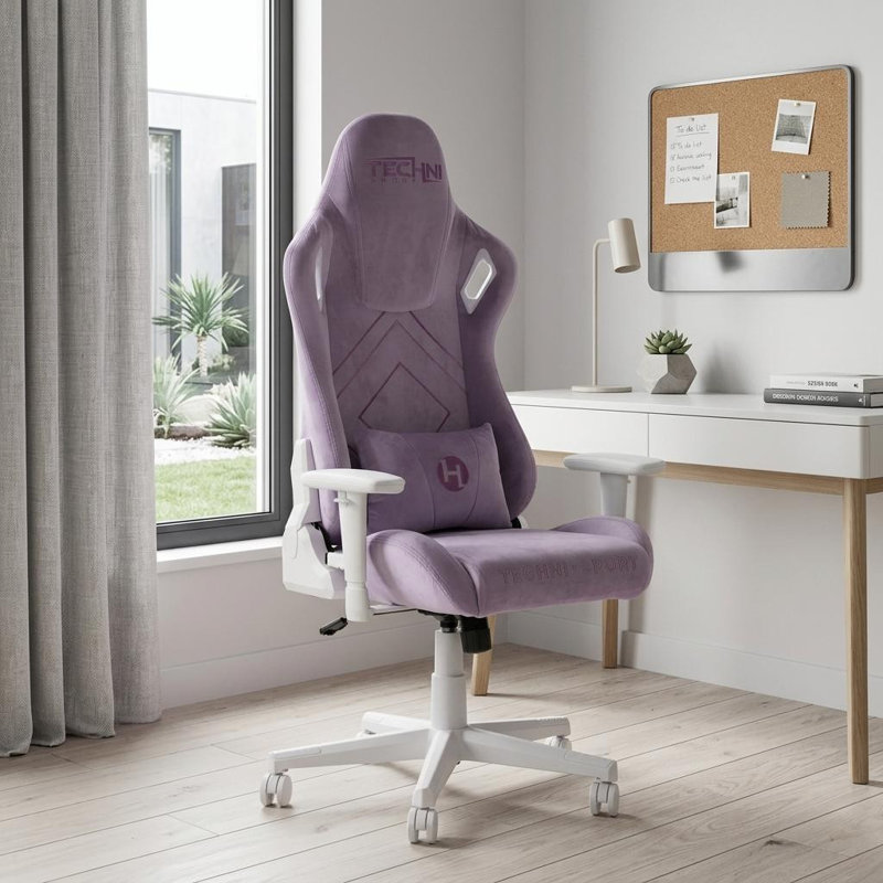 Chaise de jeu pivotante à roulettes en velours violet et blanc