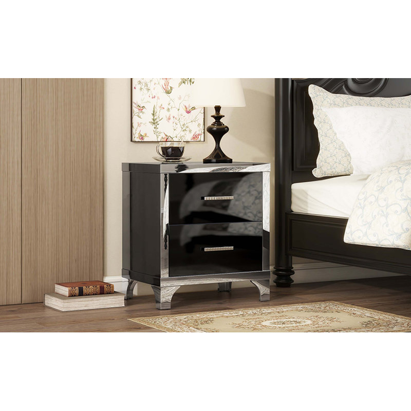 Elegant High Gloss Nightstand With Metal Handle, Black