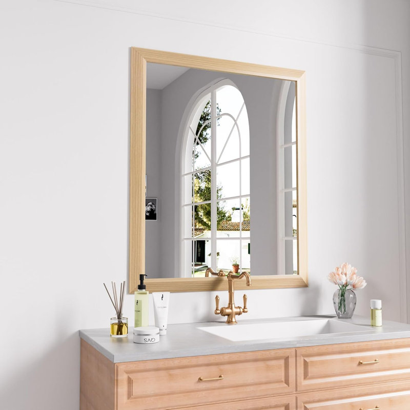 Miroir de salle de bain en verre trempé épais de haute qualité, Bois jaune clair, 36 po x 32 po