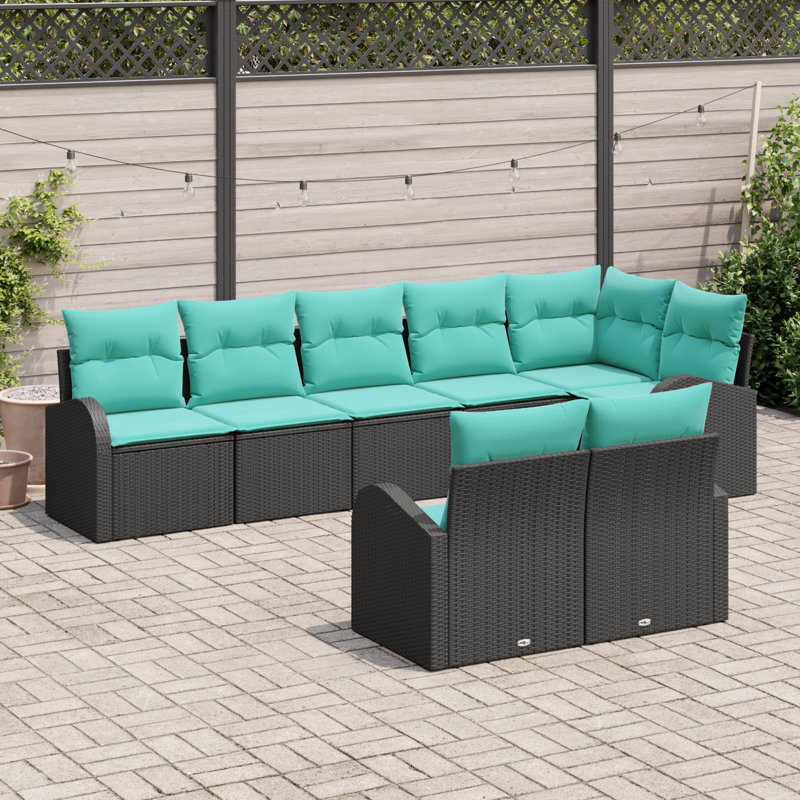 vidaXL Garden Sofa Set Black Poly Rattan, Black Frame/Blue Cushion