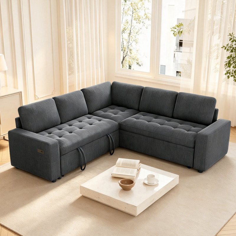 Canapé-lit modulaire en L 5 places avec ports USB, dossier réglable et rangement dissimulé, canapé convertible en chenille de 79 po et canapé
