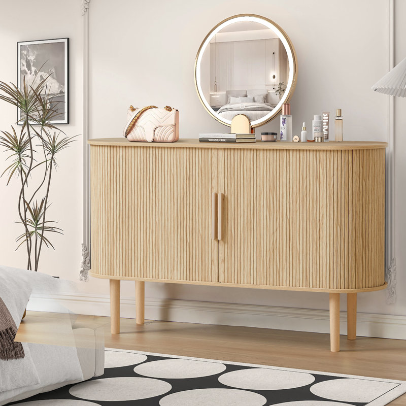 Sideboard Buffer Cabinet with Fluted Slide Doors, Natural