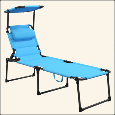 Chaise longue d'extérieur, chaise longue pliante à dossier réglable, chaise de bronzage rembourrée avec toit pare-soleil et appui-tête pour plage, camping, randonnée