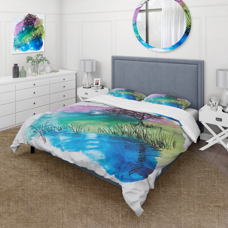 Silhouette d'arbre sur la berge la nuit - Ensemble de housse de couette moderne - Microfibre de polyester