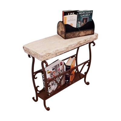 Charming Chiseled Cream Travertine & Coppertone Wrought Iron Magazine Sofa Table
