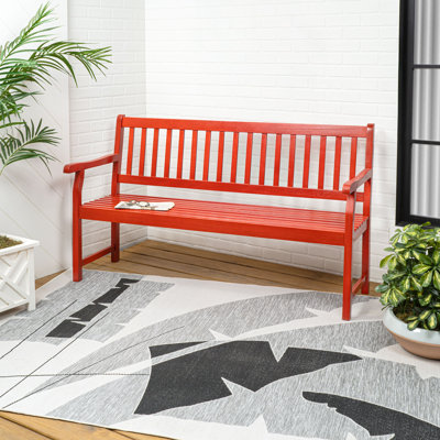 Laurel 59" Classic Slatted Acacia Mangium Wood Indoor/Outdoor Patio Garden Bench with Armrests in Red Finish for Porch, Deck and Entryway