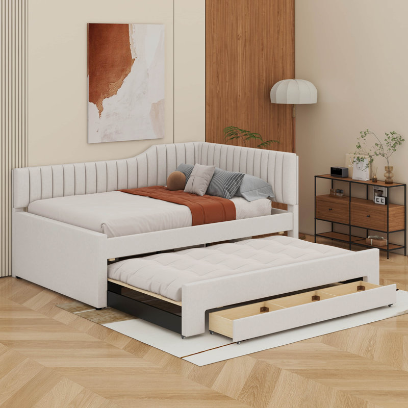 Upholstered Daybed With Trundle And Drawers, Beige, Full