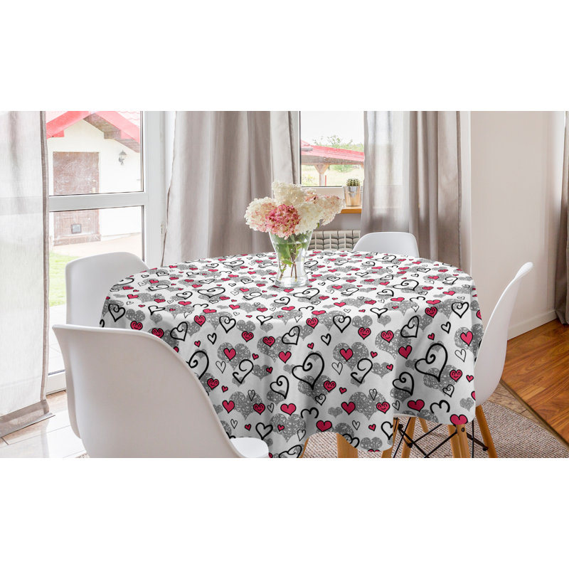 Ambesonne Love Round Tablecloth, Romantic Sketch Style Hearts Lovers Valentines Birthday Pattern, Circle Table Cloth Cover For Dining Room Kitchen Decoration, 60", Gray White Hot Pink
