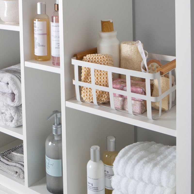 Large White Metal Storage Basket with Bamboo Handles