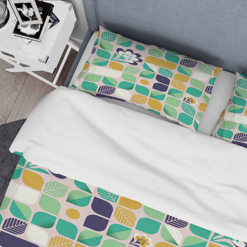 Ensemble de housse de couette géométrique avec feuilles et fleurs mid-century
