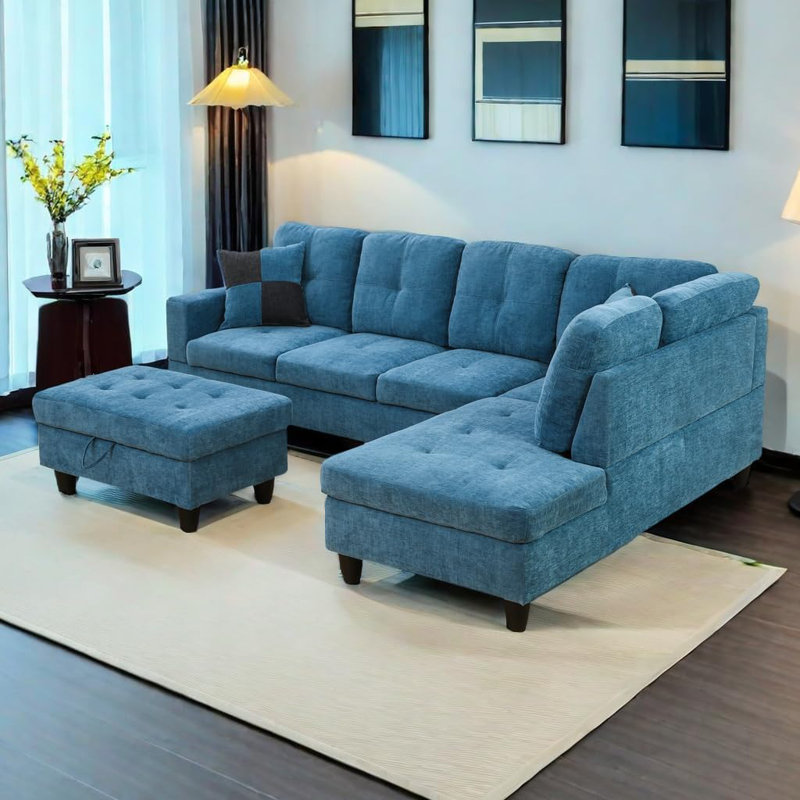 Canapé modulaire en flanelle 3 pièces, Orienté à droite, Bleu