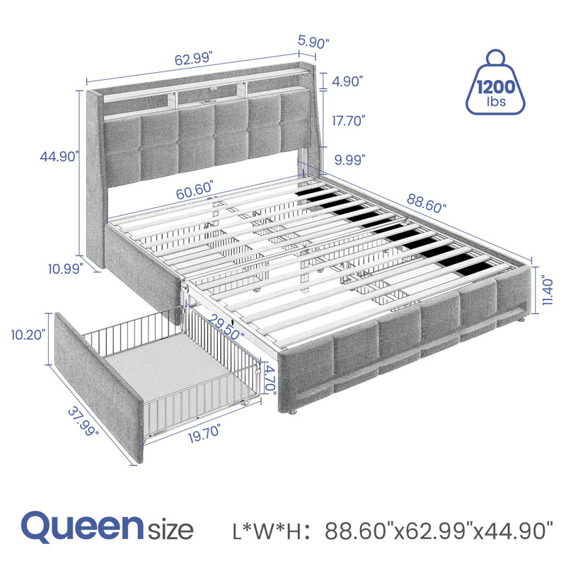 Upholstered Platform Bed Frame with Wingback Headboard, LED Lights & 4 Storage Drawers, Queen, Black, With Drawers