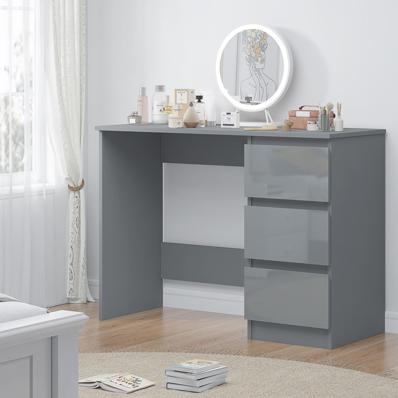 Warren 3 Drawer Dressing Table Study Desk - Modern No-Handle Design, Grey Gloss