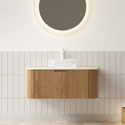 Meuble-lavabo 36 po, meuble-lavabo rayé à bords arrondis avec tiroir, lavabo rond en verre transparent et plateau en pierre frittée à motif de travertin, grain de bois naturel pré-assemblé