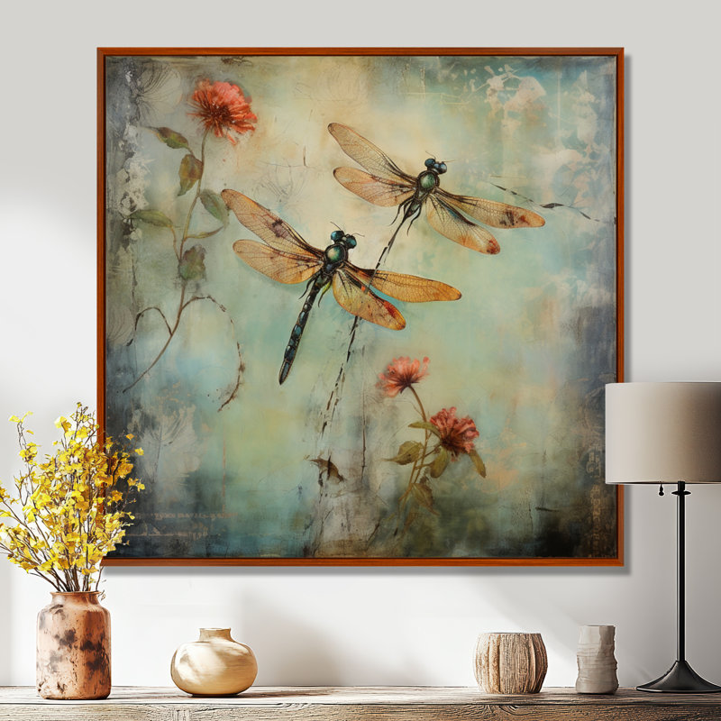 Art rétro sur toile, libellule volante, H 16 po x l 16 po, Reproduction avec cadre flottant, Brun