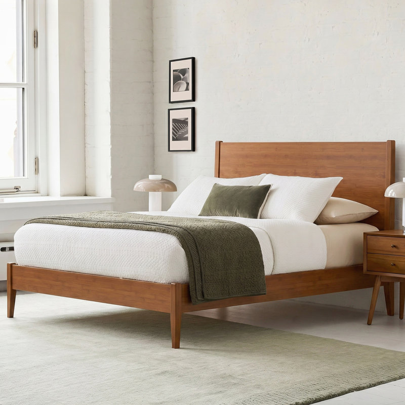 Structure de lit plateforme en bois de bambou massif de style Mid-Century moderne avec lattes de bois et support en métal, aucun sommier requis, assemblage facile