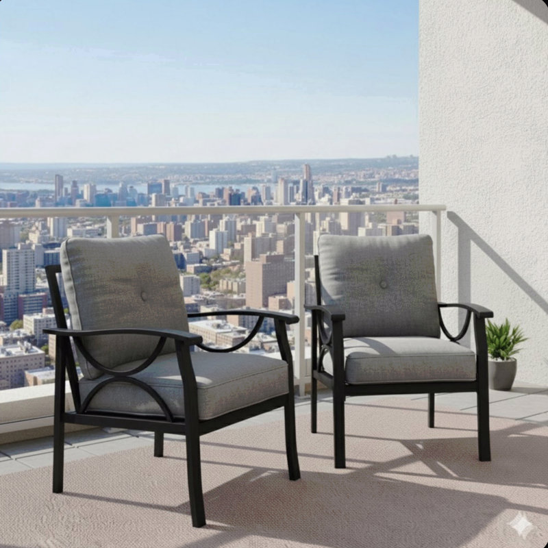 Set of 2 All-Weather Metal Armchairs with Khaki Frame and Plush Gray Cushions for Modern Outdoor Comfort, Gray, Khaki