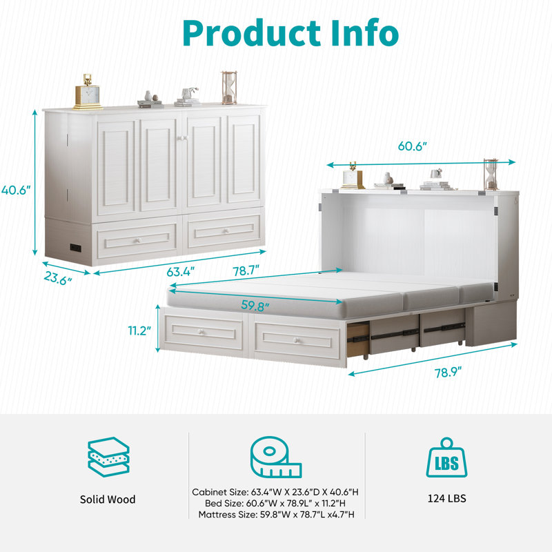 Queen Murphy Bed Cabinet With USB Charging Station & Privacy Drawer, Space-Saving Foldable Cabinet Bed For Guest Room, White