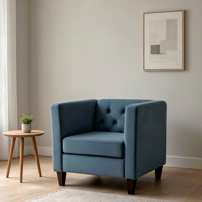 Modern Button Tufted Velvet Accent Chair, Square Arm Upholstered Chair With Tapered Wood Legs, Mid-Century Tufted Lounge Chair For Living Room Bedroom