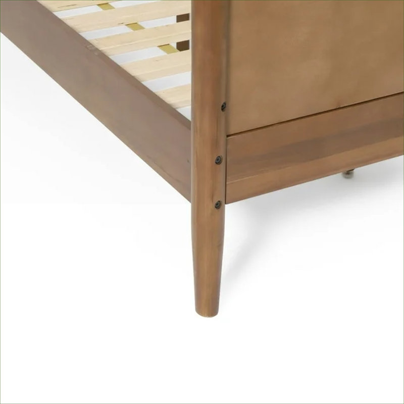 Lit plateforme simple avec pieds évasés Mid-Century emblématiques en bois d'acacia massif, finition brune, aucun sommier requis