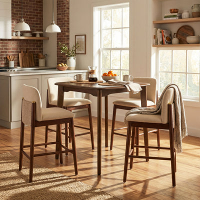 Linea Mid-Century Modern 5-Piece Rubberwood Counter Height Dining Table Set With Upholstered Seats